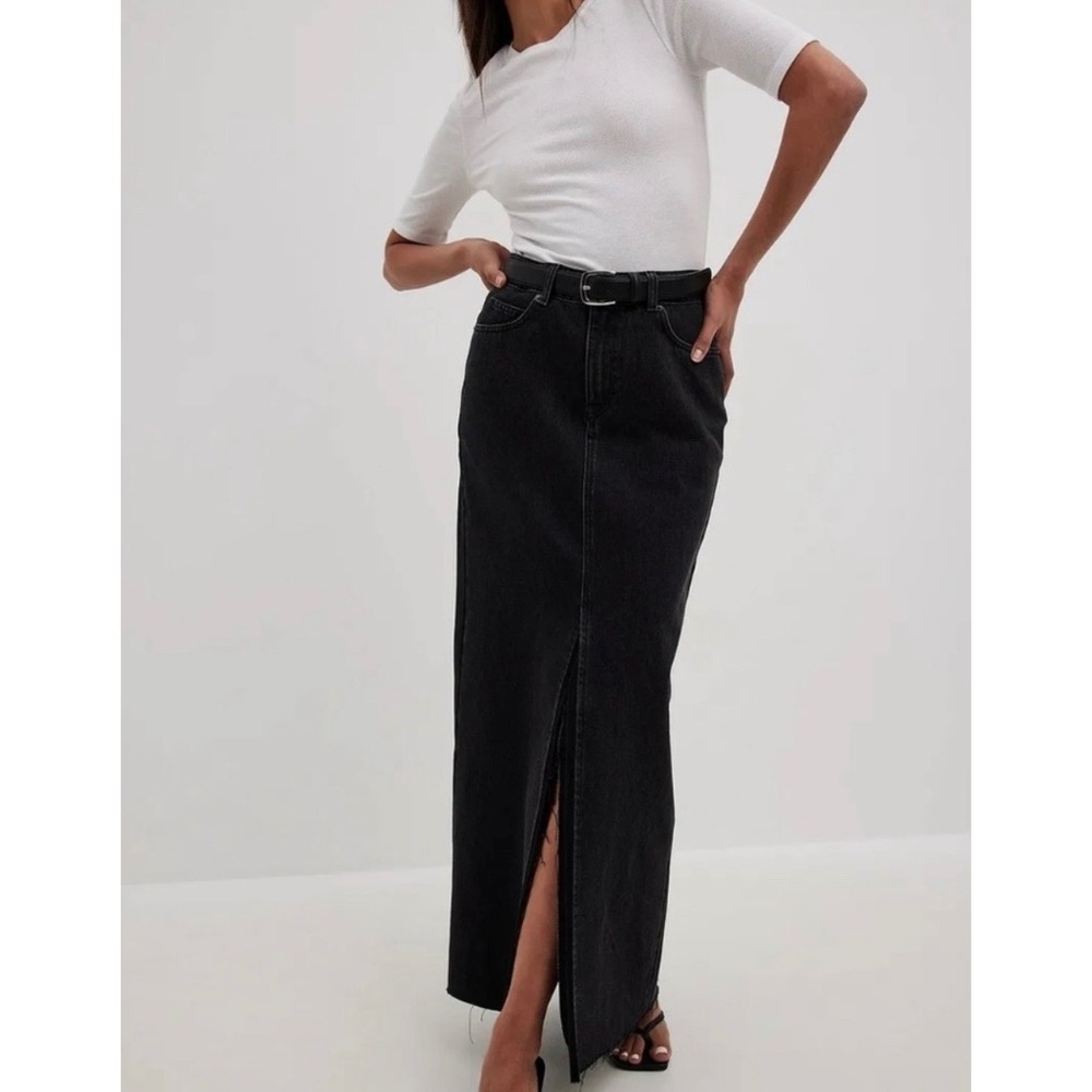 Na-Kd Denim Wide Denim Maxi Skirt Black Front Slit Size 32 (XS) Trendy Minimal - Picture 2 of 12